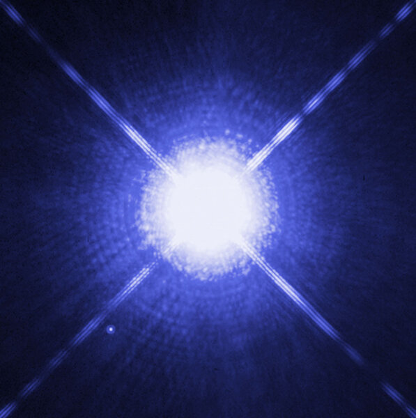 Hubble image of Sirius A (center, duh) and B (to the lower left); A is roughly 10,000 times brighter. Credit: NASA, ESA, H. Bond (STScI), and M. Barstow (University of Leicester