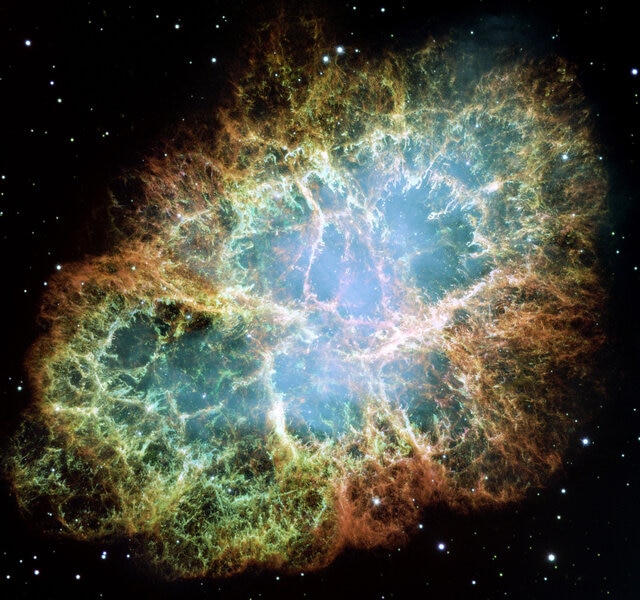M 1, the Crab Nebula supernova remnant, observed by Hubble Space Telescope. Credit: NASA, ESA, J. Hester and A. Loll (Arizona State University)