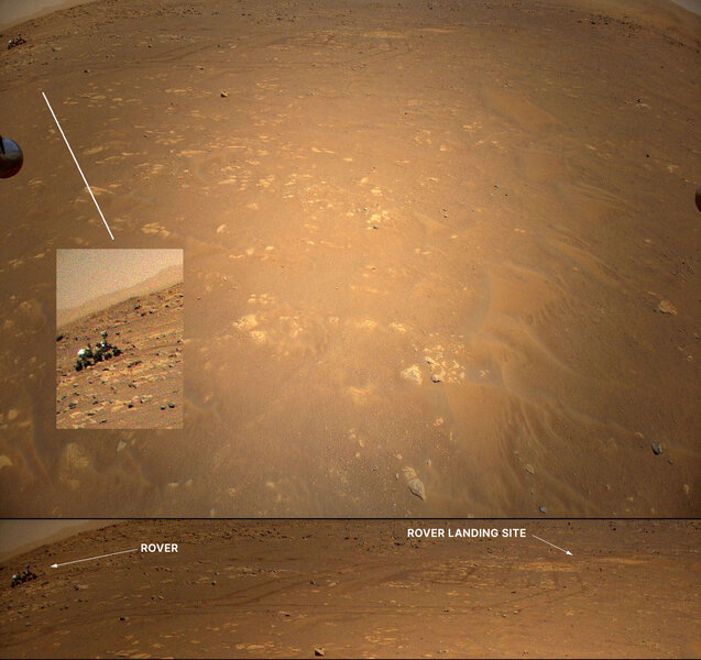 Ingenuity took this shot of the rover Perseverance (upper left, inset zoom below) as it flew for the third time on Mars on April 25, 2021.