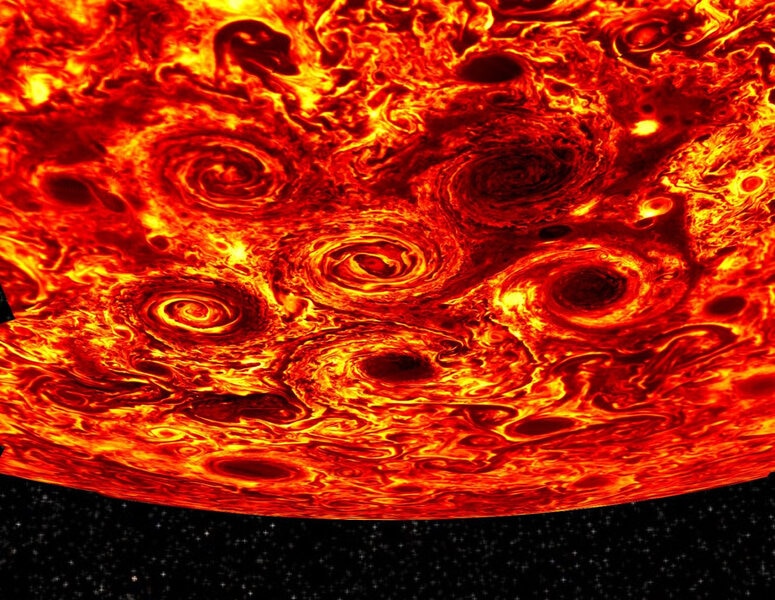 Juno thermal infrared data of Jupiter’s south pole has five huge cyclones surrounding a central polar cyclone. Credit: NASA/JPL-Caltech/SwRI/ASI/INAF/JIRAM