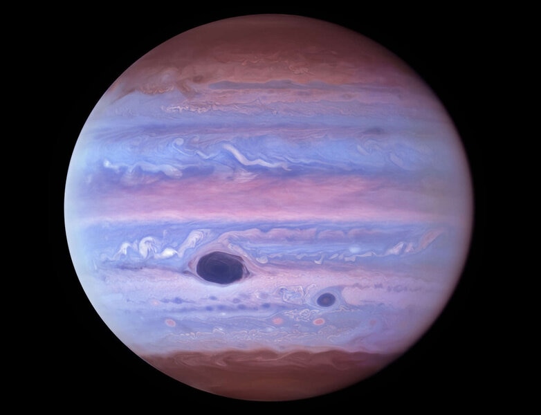 Jupiter in ultraviolet light, taken by Hubble on January 11, 2017. Credit: NASA/ESA/NOIRLab/NSF/AURA/M.H. Wong and I. de Pater (UC Berkeley) et al. Acknowledgments: M. Zamani