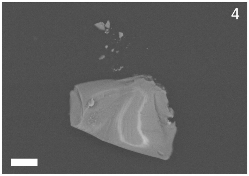 One of seven tiny olivine crystals examined to determine the chemical composition of the Khatyrka meteorite. The scale bar to the lower left is 20 microns long. Credit: Meier et al.