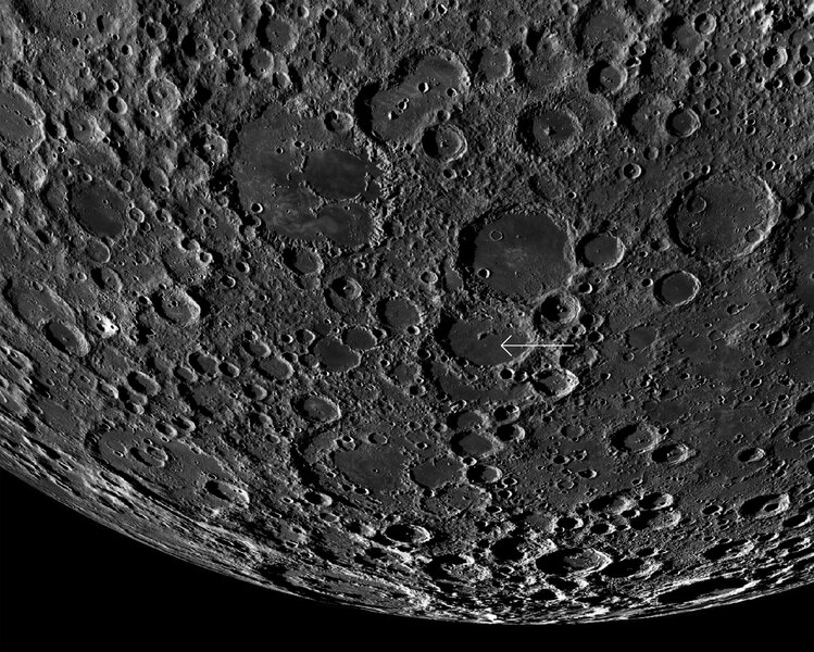 The landing site of Change’e 4 (arrowed) is on the far side of the Moon, in a crater called von Kármán. Credit: LROC/U. Arizona