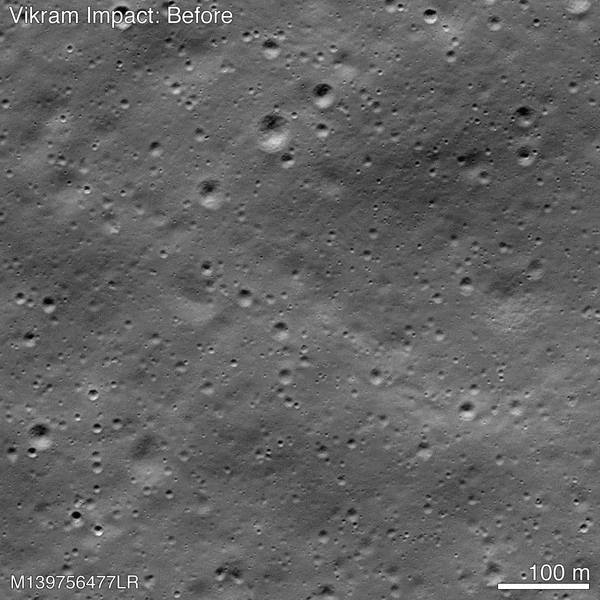 A before-and-after animation shows the lighter colored lunar material disturbed by the impact of the Indian Vikram lander in September 2019. Credit: NASA/GSFC/Arizona State University