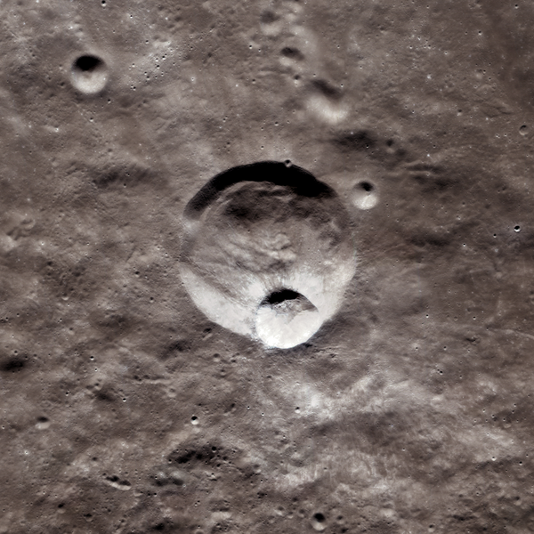 A nadir (downward-pointing) view from the Lunar Reconnaissance Orbiter of the craters Grotrian and Hawke, a crater-in-a-crater combo. Credit: NASA/GSFC/Arizona State University