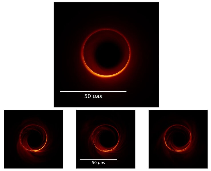 A simulation of what the black hole in the center of the galaxy M87 would look like as it bends light around it. Bottom: Snapshots of the light around the black hole at different times. Top: A composite of all the snapshots added together.