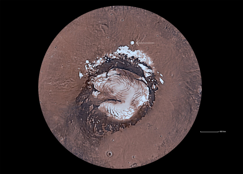 Korolev crater (arrowed) is just outside the permanent north polar ice cap on Mars. Credit: Mars Trek/NASA/JPL-Caltech