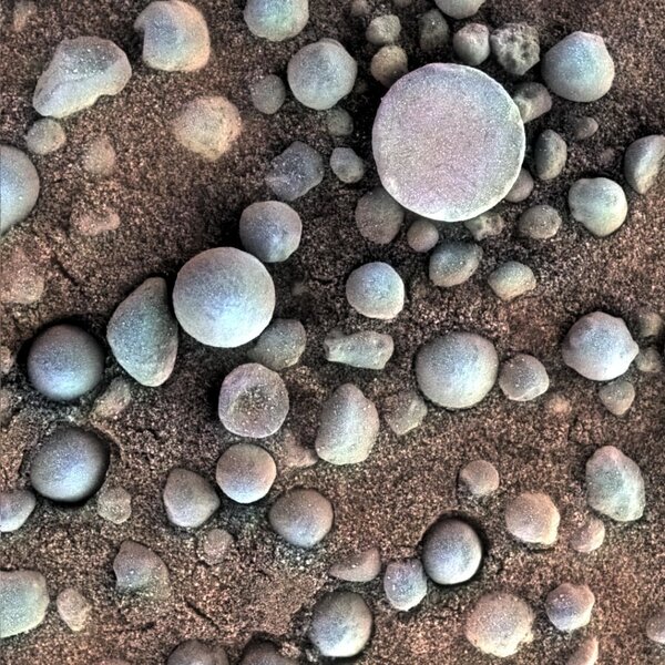 Martian “blueberries”, small (a few mm wide) eroded mineral spheres, are loaded with hematite, which forms in water. The Opportunity rover took this image on the 84th sol “Martian day” of its nearly 15-year-long mission.