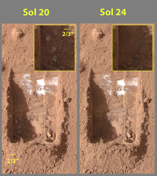 In 2008, the NASA Phoenix lander scooped into the surface of Mars. On Sol 20 (20 Mars days after landing) lumps of ice can be seen in the lower left corner of the trough (left, and amplified in the inset),