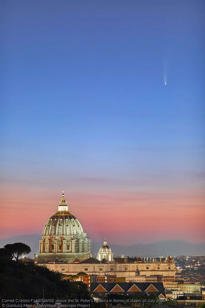 Comet C/2020 F3 (NEOWISE) over St. Peter’s dome in Rome on 10 July 2020. Credit: Gianluca Masi/The Virtual Telescope Project