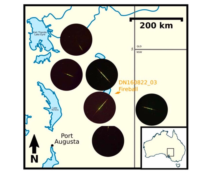 Observations by six cameras in the Desert Fireball Network showing a meteor burning up over Australia (each observation is centered on the camera’s position). The object was most likely orbiting Earth at the time. Credit: Shober et al.