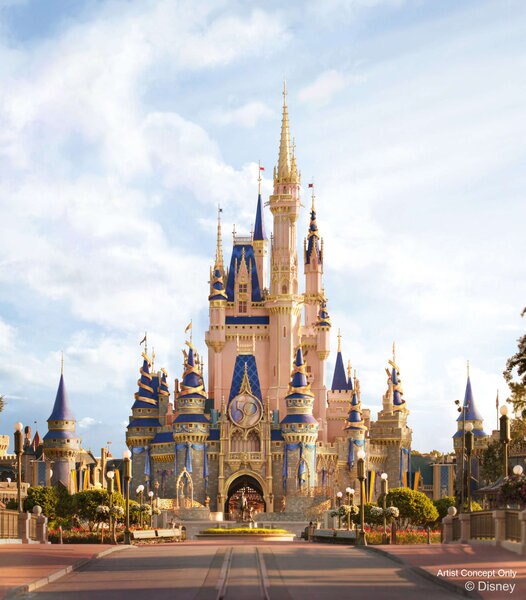 Artist rendering of Cinderella Castle with 50th Anniversary decor