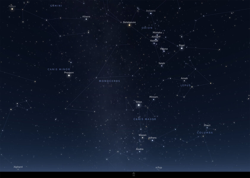 The constellation Monoceros consists of relatively faint stars, but it’s easy to find thanks to being wedged between the bright stars Betelgeuse, Procyon, and Sirius. View shown is southeast not long after sunset and is similar for much of the US. 