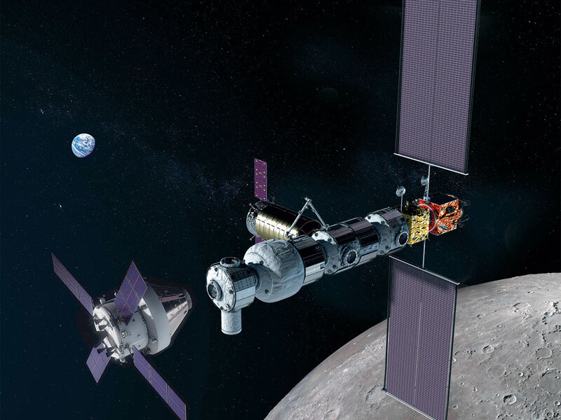 Arwork depicting an Orion crew capsule approaching the Lunar Gateway. Credit: NASA