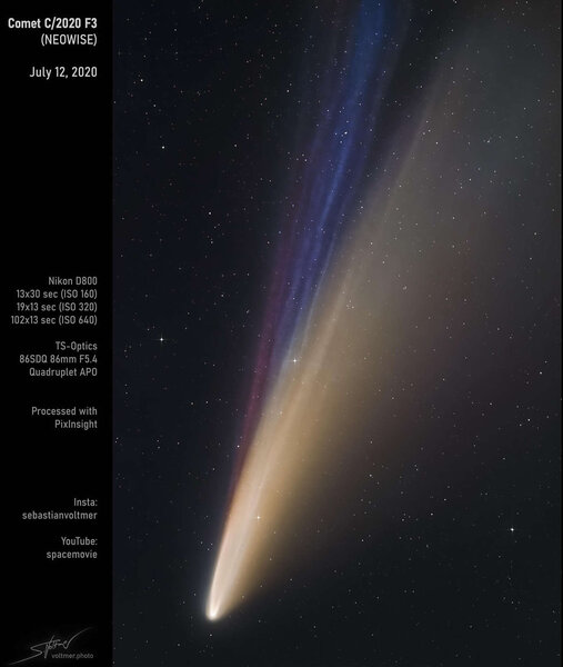 The red ion tail, likely due to colors mixing from sodium and carbon monoxide emission, is clearly seen in this photo taken on 12 July 2020. Credit: Dr. Sebastian Voltmer / www.astrofilm.com