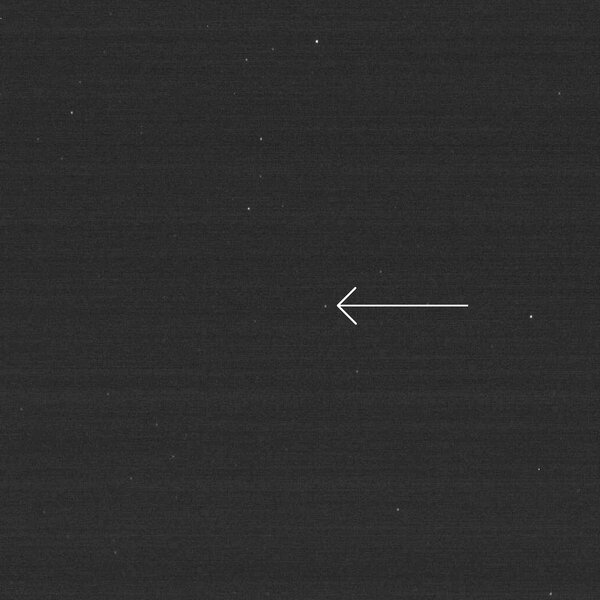 An image of 204 MU69 (arrowed) taken by New Horizons on Dec. 30, 2018, two days before encounter. MU69 is so small, and the spacecraft moving so rapidly, that even this close to the flyby the object is less than a pixel across. Credit: NASA/JHUAPL