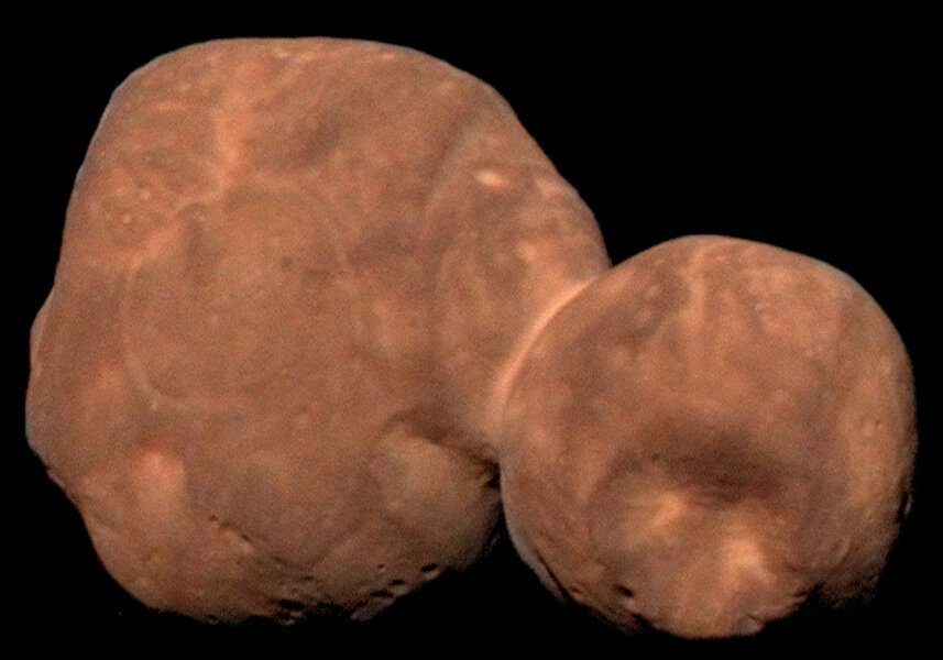 A color image of Arrokoth shows it is very red and smooth. The biggest crater, Maryland, can be seen on the small lobe. Credit: ASA/Johns Hopkins University Applied Physics Laboratory/Southwest Research Institute