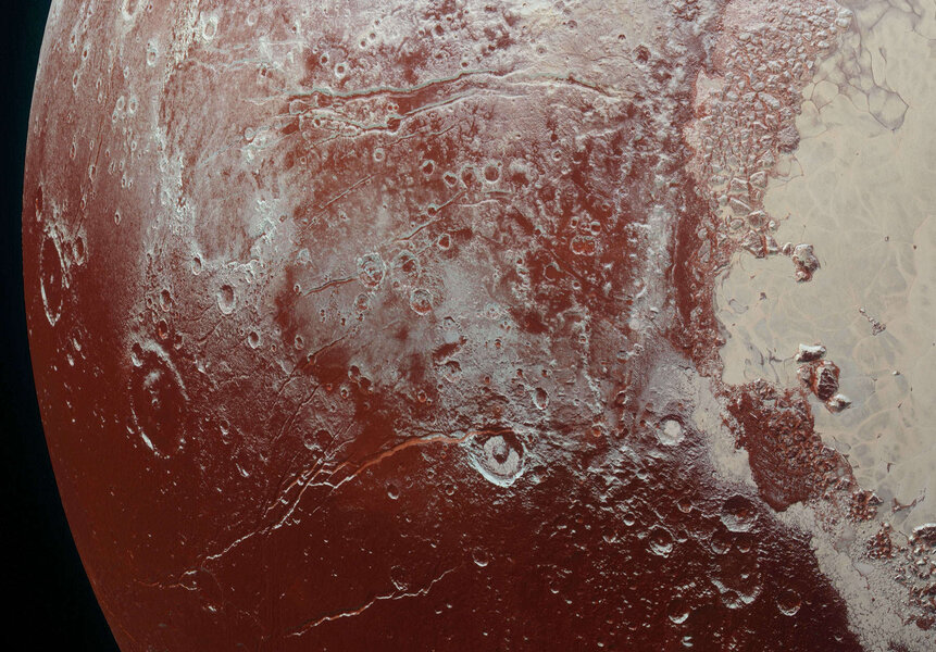 A closer view of fossae, long extensional cracks, in the surface of Pluto. Sputnik Planitia is on the right. Credit: NASA / JHUAPL / SwRI