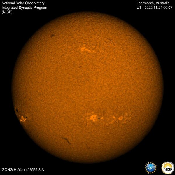 The Sun on 24 November 2020 in the light of warm hydrogen, which shows magnetic activity. Credit: National Solar Observatory / NSF / NISP