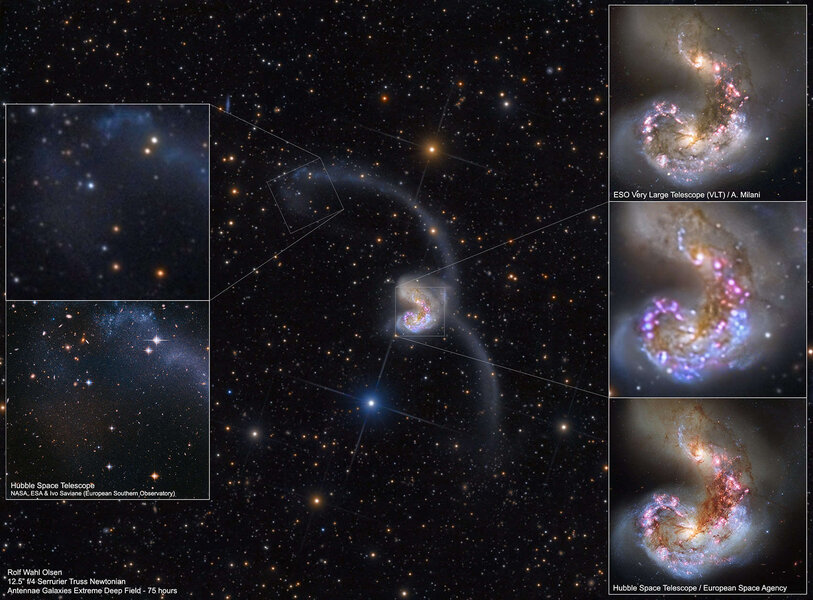 A comparison of observations of the Antennae Galaxies by Hubble (bottom left and right), the Very Large Telescope (top right), and Rolf Olsen’s 30-cm telescope (center, bottom left, middle right). Credit: NASA/ESA/Ivo Saviane, ESO / A. Milani, Rolf Olsen