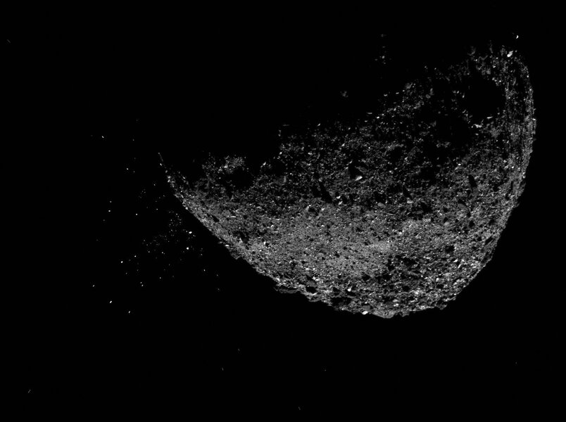 This image (a combination of a short and long exposure to get both the asteroid and rocks) from 6 Jan. 2019 shows Bennu ejecting rocks into space. The reasons for this are unknown. Credit: NASA/Goddard/University of Arizona/Lockheed Martin