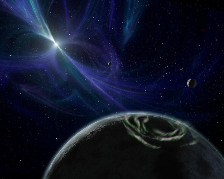 Artwork depicting the three planets orbiting the pulsar PSR B1257_12. Credit: NASA/JPL-Caltech