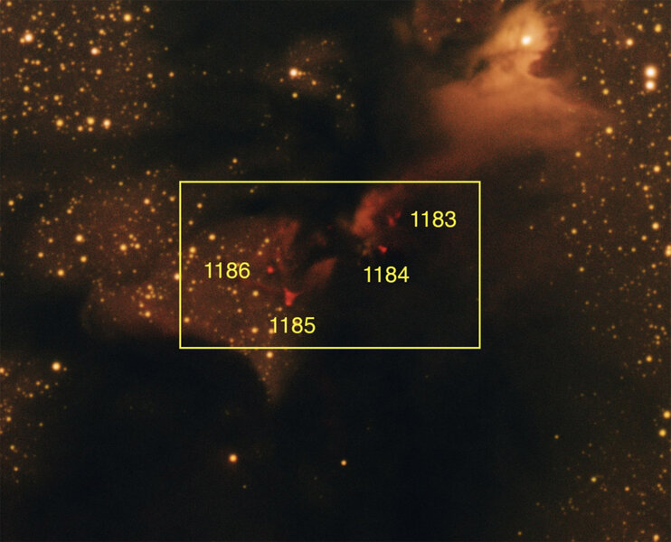 One smaller region of LDN 673 shows Herbig-Haro objects (labeled by number) glowing red against the chaos around them. Credit: Rector et al.