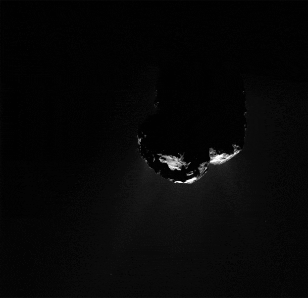 Animation showing a large outburst event on comet 67P in September 2015, which may have been due to a cliff face collapsing. Credit: ESA/Rosetta/MPS for OSIRIS Team MPS/UPD/LAM/IAA/SSO/INTA/UPM/DASP/IDA (CC BY-SA 4.0)