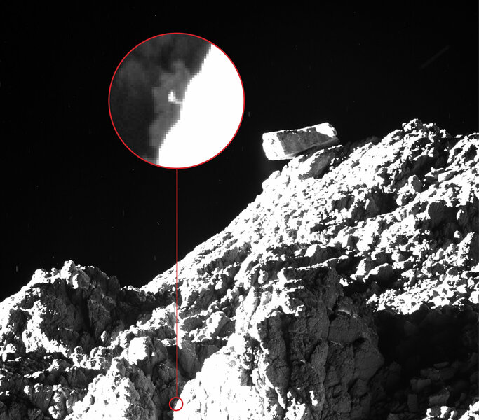 The Ma’at region on the comet 67P is where the Philae lander came to rest; a piece of its leg can be seen here. Credit: ESA/Rosetta/MPS for OSIRIS Team MPS/UPD/LAM/IAA/SSO/INTA/UPM/DASP/IDA – CC BY-SA 4.0