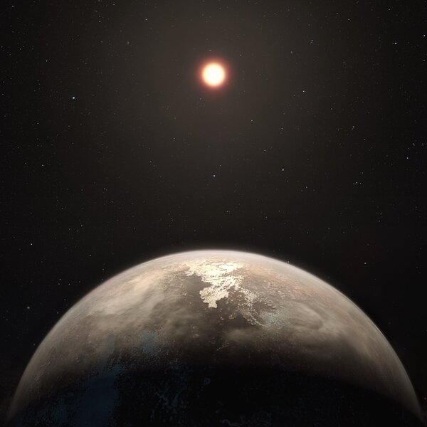 Artwork depicting Ross 128 and its planet. Credit: ESO/ M. Kornmesser