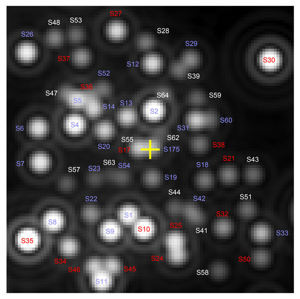 A diagram (not an actual image) of stars in the S cluster based on observations. Sgr A* is the yellow plus, and S62 is just to its upper right. Credit: Gillessen et al. 