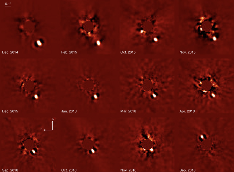 Sequence showing the motion of Beta Pictoris b as it orbits its star, taken with the SPHERE detector on the Very Large Telescope. Credit: Lagrange, et al.