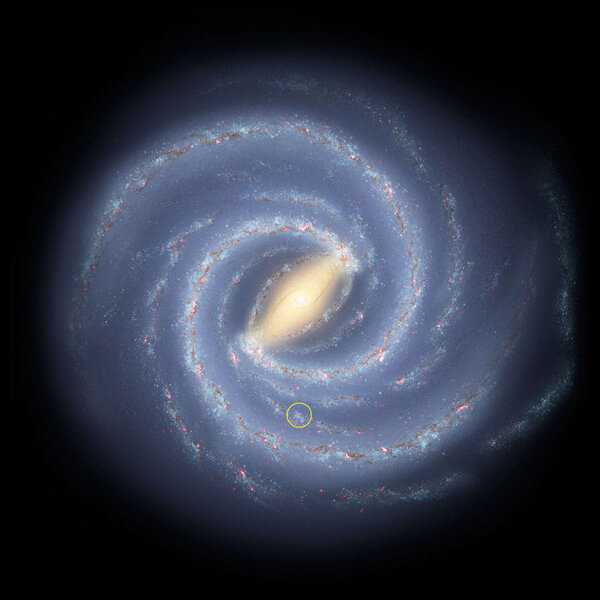 An artist’s map of the Milky Way galaxy, with a circle 3,000 light years in radius centered on the Sun. Credit: NASA / JPL-Caltech / Robert Hurt (SSC-Caltech) / Phil Plait (annotation)