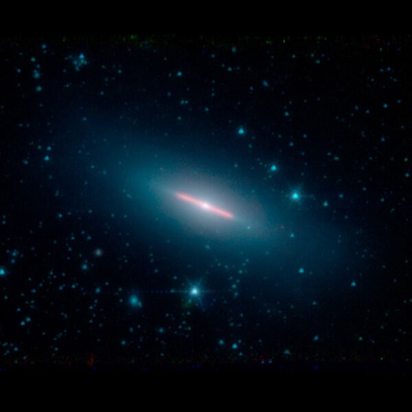 NGC 5866 is an edge-on galaxy with a sharp lane of dust dividing it in the middle; that dust glows at infrared wavelengths, seen here by Spitzer Space Telescope. Credit: NASA/JPL-Caltech