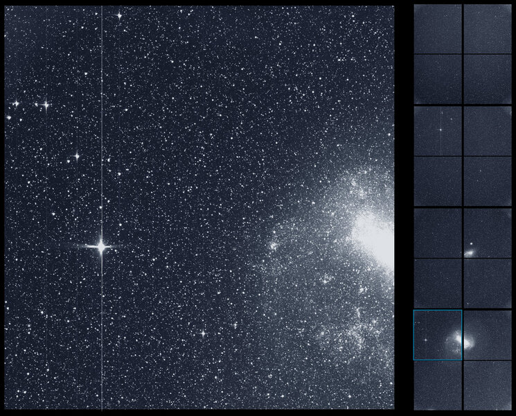 First light image from just one detector from one camera on board TESS, showing a part of the Large Magellanic Cloud (right) and thousands of stars, including the bright star R Doradus (left). Credit: NASA/MIT/TESS
