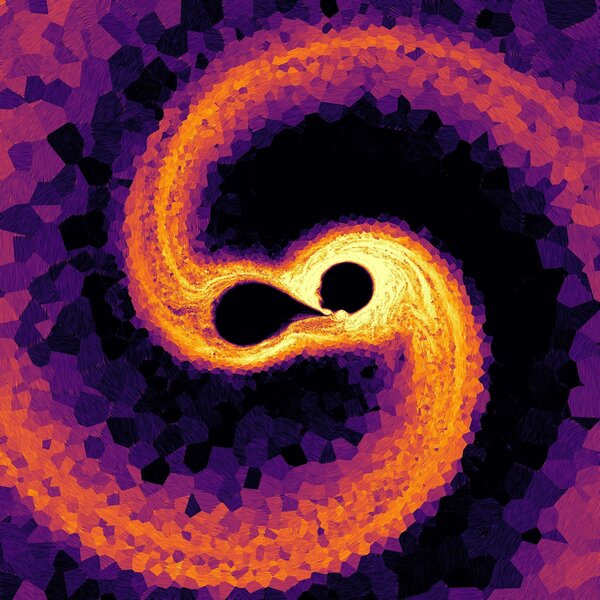 A physics simulation of two protostars merging to form Tau Scorpii, cut right through their orbital plane. The coloring shows the intensity of the magnetic field, and the cross-hatching its direction. Credit: Ohlmann/Schneider/Röpke