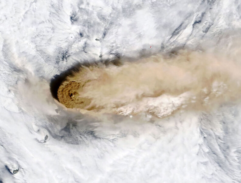 The June 22, 2019 eruption of Raikoke, seen from NASA’s Terra satellite. Credit: NASA Earth Observatory images by Joshua Stevens, using MODIS data from NASA EOSDIS/LANCE and GIBS/Worldview