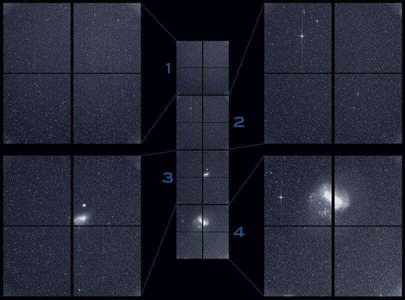 The TESS science “first light” image shows the stack of four images taken by each camera (middle column) with close-ups from each camera on the sides. Credit: NASA/MIT/TESS
