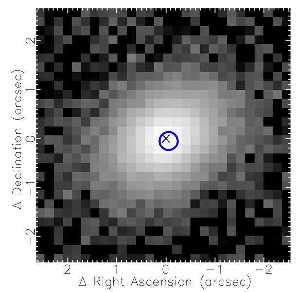 An image of the galaxy 3XMM J150052.0+015452 using the Canada-France-Hawaii Telescope has an X marking the center, and the circle showing the location of the black hole eating a star.