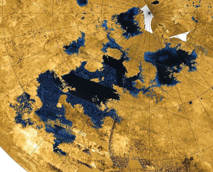 A map of Titan’s lakes using radar to bounce signals of the moon’s surface. Credit: NASA/JPL-Caltech/ASI/USGS