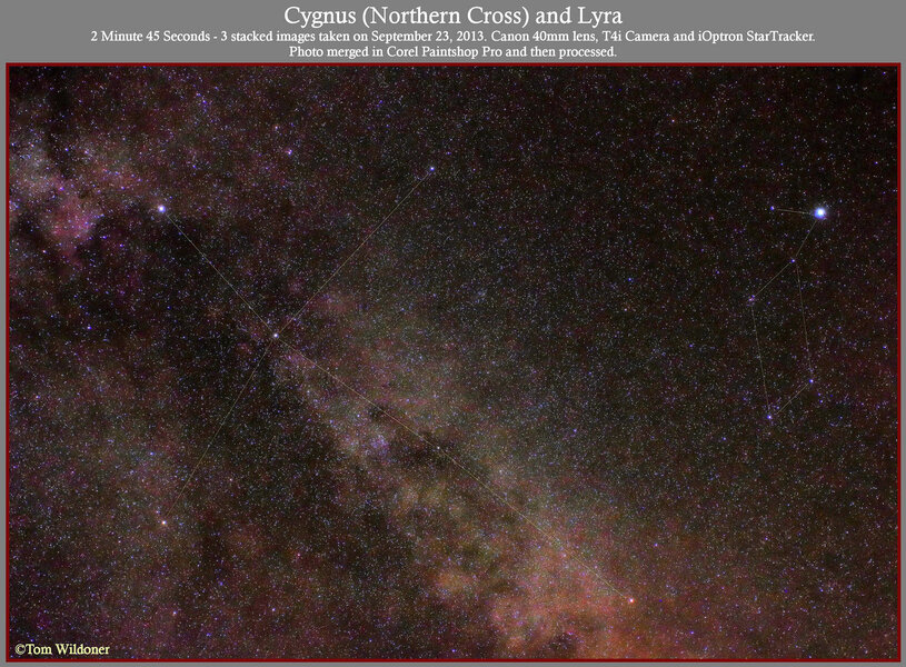 A wide-angle view of the constellation of Cygnus, the swan, also called the Northern Cross. Albireo is the star to the lower right at the base of the cross (the head of the swan). Credit: Tom Wildoner