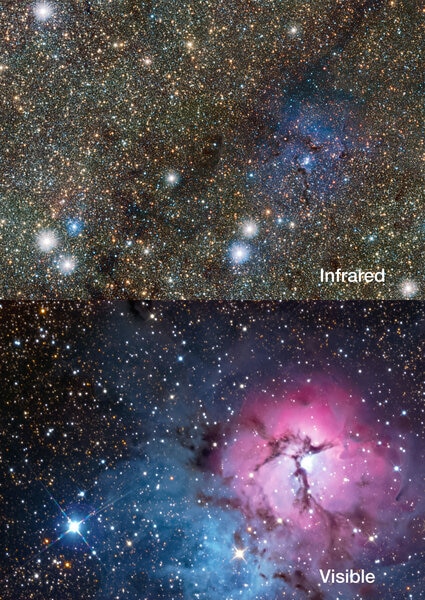 The Trifid Nebula in infrared light (top) versus optical light (bottom). Credit: ESO/VVV consortium/D. Minniti/Gábor Tóth
