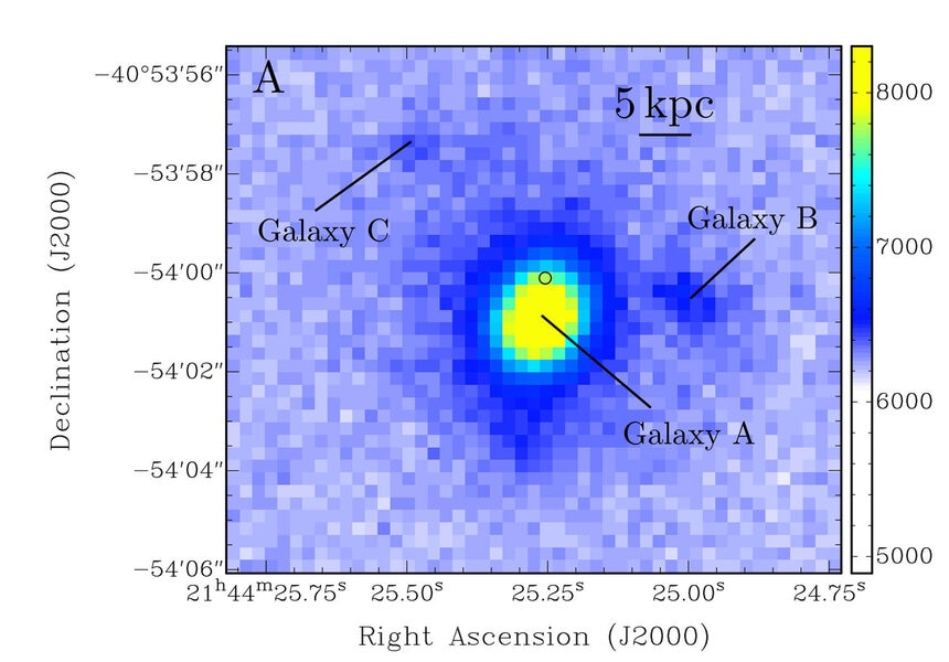 An observation of the fast radio burst FRB 180924 using the Very Large Telescope reveals it to be near the edge of a disk galaxy some 3.6 billion light years away. The scale bar represents about 16,000 light years.