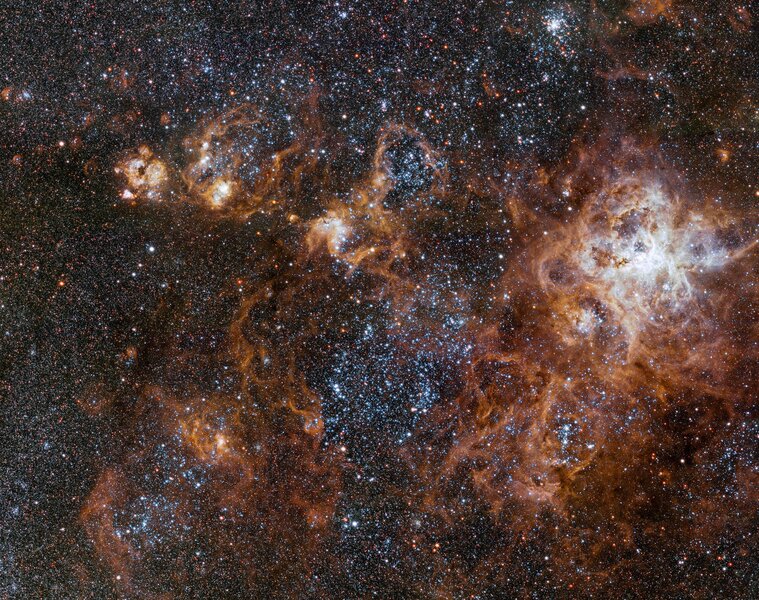 vlt_taThe hugely sprawling Tarantula Nebula, a vast star-forming complex in a nearby satellite galaxy of the Milky Way. Credit: ESOrantula_2500