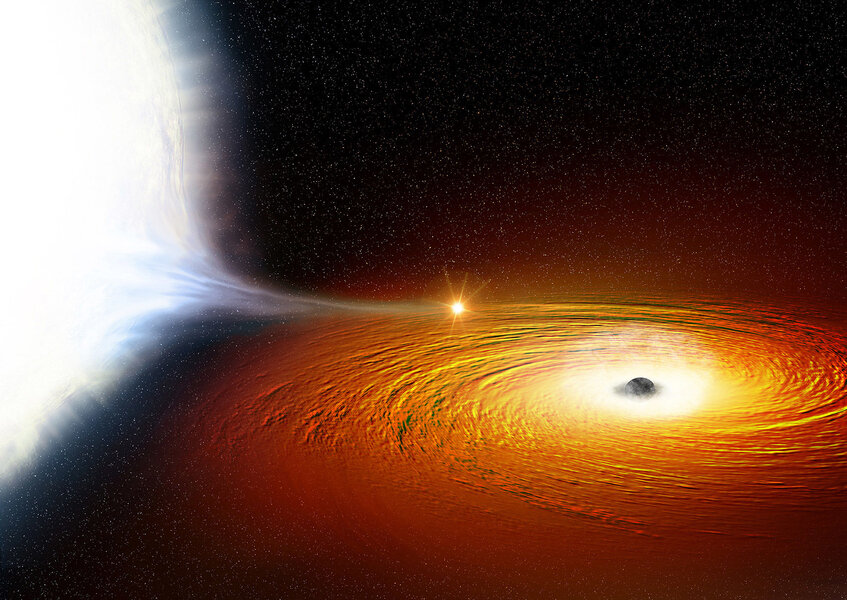 Artist’s impression of a white dwarf having matter siphoned off by a black hole. Credit: NASA/CXC/M.Weiss