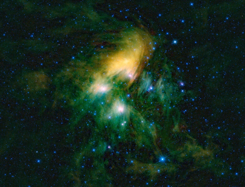 The Pleiades cluster happens to be plowing through a cloud of gas and dust, warming it up enough for it to glow in the infrared, where it was seen by the WISE astronomical observatory. Credit: NASA/JPL-Caltech/UCLA