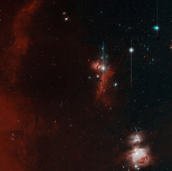 This image of Orion below the belt was taken as a single shot (though with three filters one at a time to generate color information). It’s nearly 7° across. Credit: Caltech Optical Observatories