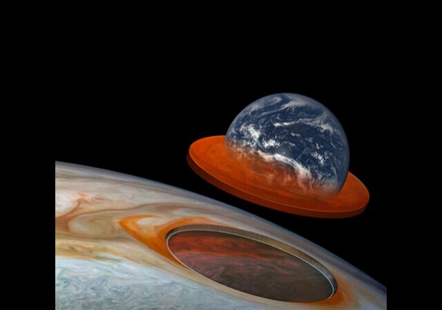 Artwork depicting Earth compared to Jupiter's Great Red Spot.