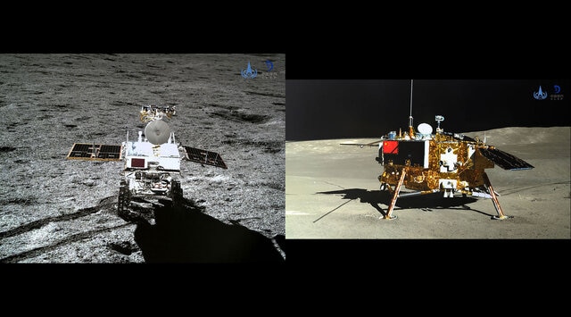 The Chang’e 4 rover as seen from the lander (left) and vice-versa (right). Credit: CNSA/CLEP/Emily Lakdawalla/The Planetary Society