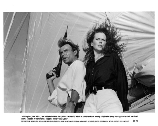 Actor Sam Neill and Actress Nicole Kidman on the set of the Warner Bros movie "Dead Calm" (1989)